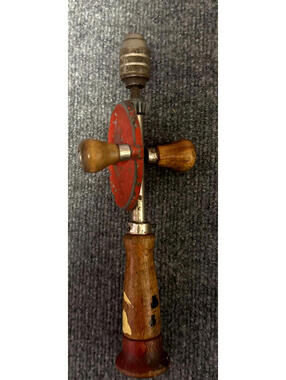 Vintage Wood Handle Manual Hand Crank Drill with Red Metal Gear.